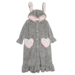 Lovely Girls Grey Cozy Flannel Hooded Robe With Ears for Winter Bathrobe Homewear