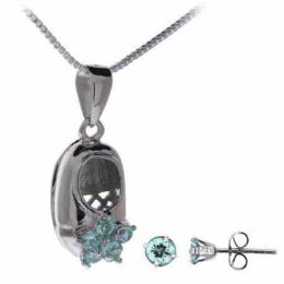 Sterling Silver Simulated Aquamarine cz Baby Shoe Pendant and Stud Earrings Set