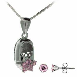 Sterling Silver Pink CZ Baby Shoe Pendant and Stud Earrings Set