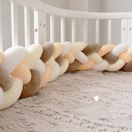 Heightening Baby Braided Crib Bumpers 4 Strip Knot Long Pillow Cushion Bedding Room dector Homejoy (Color: White coffee, size: 2.2M)