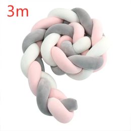 Heightening Baby Braided Crib Bumpers 4 Strip Knot Long Pillow Cushion Bedding Room dector Homejoy (Color: Grey white pink, size: 3m)