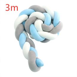 Heightening Baby Braided Crib Bumpers 4 Strip Knot Long Pillow Cushion Bedding Room dector Homejoy (Color: Grey white blue, size: 3m)