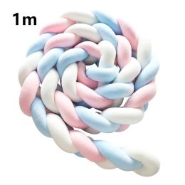 Heightening Baby Braided Crib Bumpers 4 Strip Knot Long Pillow Cushion Bedding Room dector Homejoy (Color: Blue White Pink, size: 1M)