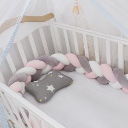 Heightening Baby Braided Crib Bumpers 4 Strip Knot Long Pillow Cushion Bedding Room dector Homejoy (Color: Grey white pink, size: 1.5M)