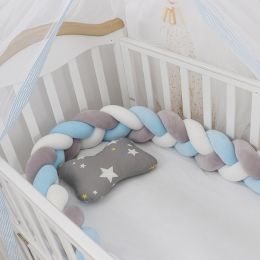 Heightening Baby Braided Crib Bumpers 4 Strip Knot Long Pillow Cushion Bedding Room dector Homejoy (Color: Grey white blue, size: 1.5M)