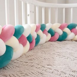 Heightening Baby Braided Crib Bumpers 4 Strip Knot Long Pillow Cushion Bedding Room dector Homejoy (Color: White pink, size: 3.6M)