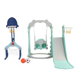 Children Slide Swing Set, 5-in-1 Combination Activity Center Freestanding Slides Playset for Kids Indoor Toddler Climbing Stairs Toy with Basketball H (Color: Gray green)
