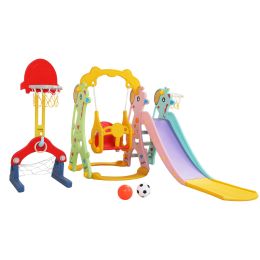 Children Slide Swing Set, 5-in-1 Combination Activity Center Freestanding Slides Playset for Kids Indoor Toddler Climbing Stairs Toy with Basketball H (Color: Red yellow)