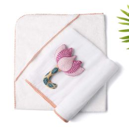 3 Pc Newborn Essential Set - Hooded Towel, Swaddle + Toy Rattle (Collection: Peach Collection)