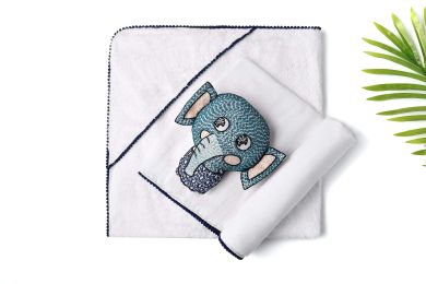 3 Pc Newborn Essential Set - Hooded Towel, Swaddle + Toy Rattle (Collection: Navy Collection)