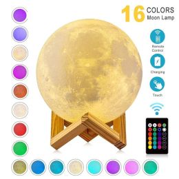 LED Night Light 3D Print Moon Lamp Rechargeable Color Change 3D Light Touch Moon Lamp Children Lights Night Lamp for Home (Color: 16 colors, size: 18cm)